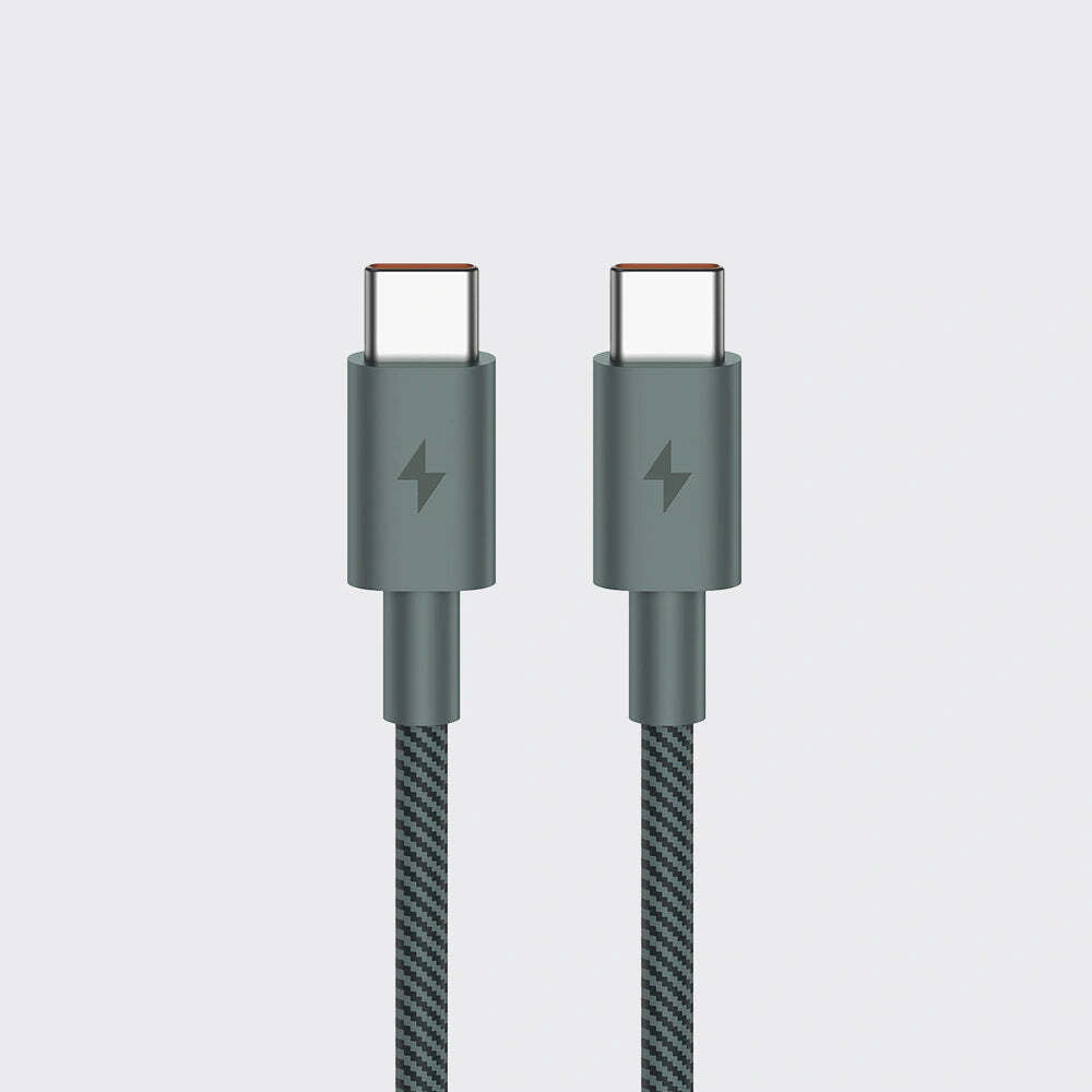 A gray USB-C to USB-C charging cable with a braided black and gray design, shown against a light gray background.