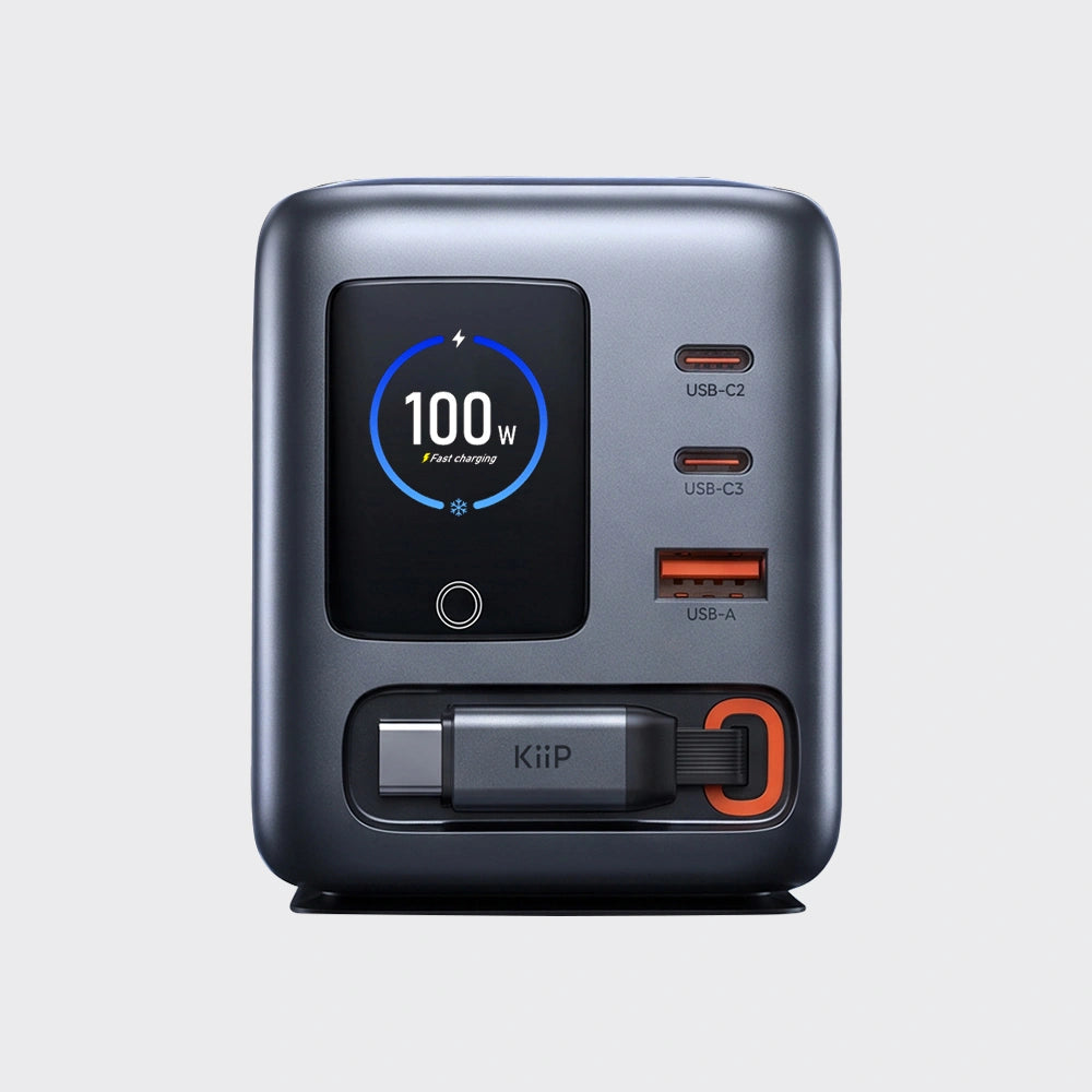 KiiP AuraMax Series PowerCombo GaN Charger Retractable 100W Mini Wall Adaptor Travel Kepala Charger Fast Charging