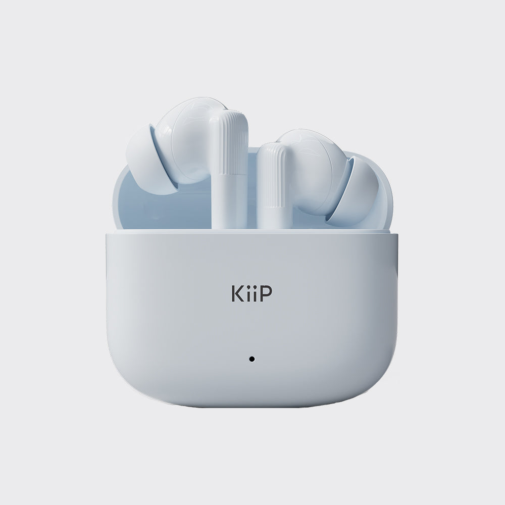 White true wireless earbuds in a matching charging case with the brand name 'KiiP' printed on the front, set against a light gray background.