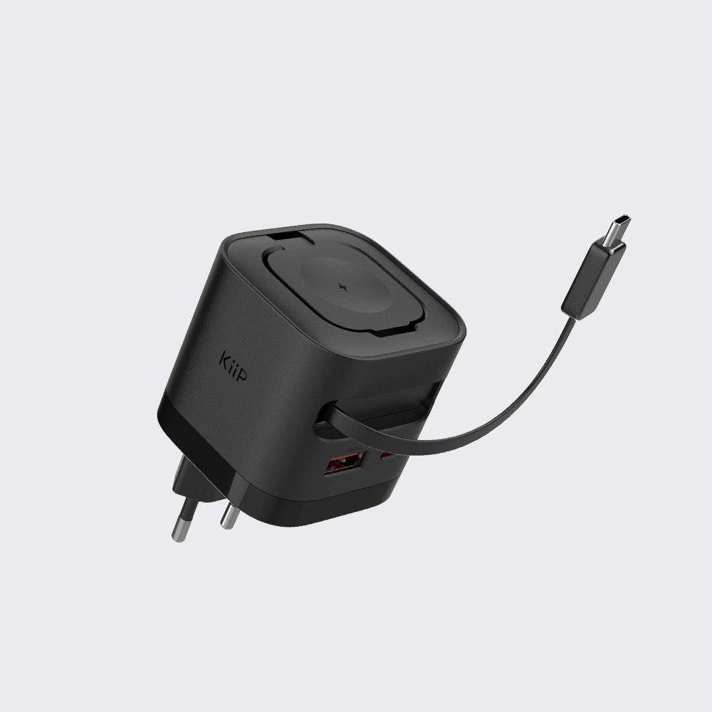 KiiP WH30 3in1 Adapter Fast Charger GaN 35W Retractable Cable Built in Magnetic Wireless Apple Watch