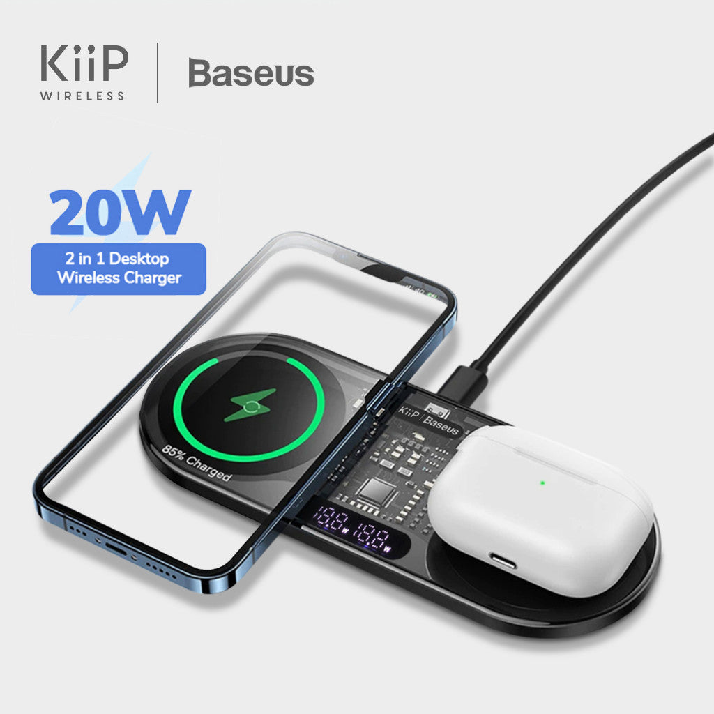 KiiP X Baseus Dual Wireless Charger Digital Led Fast Charging Pad 20W