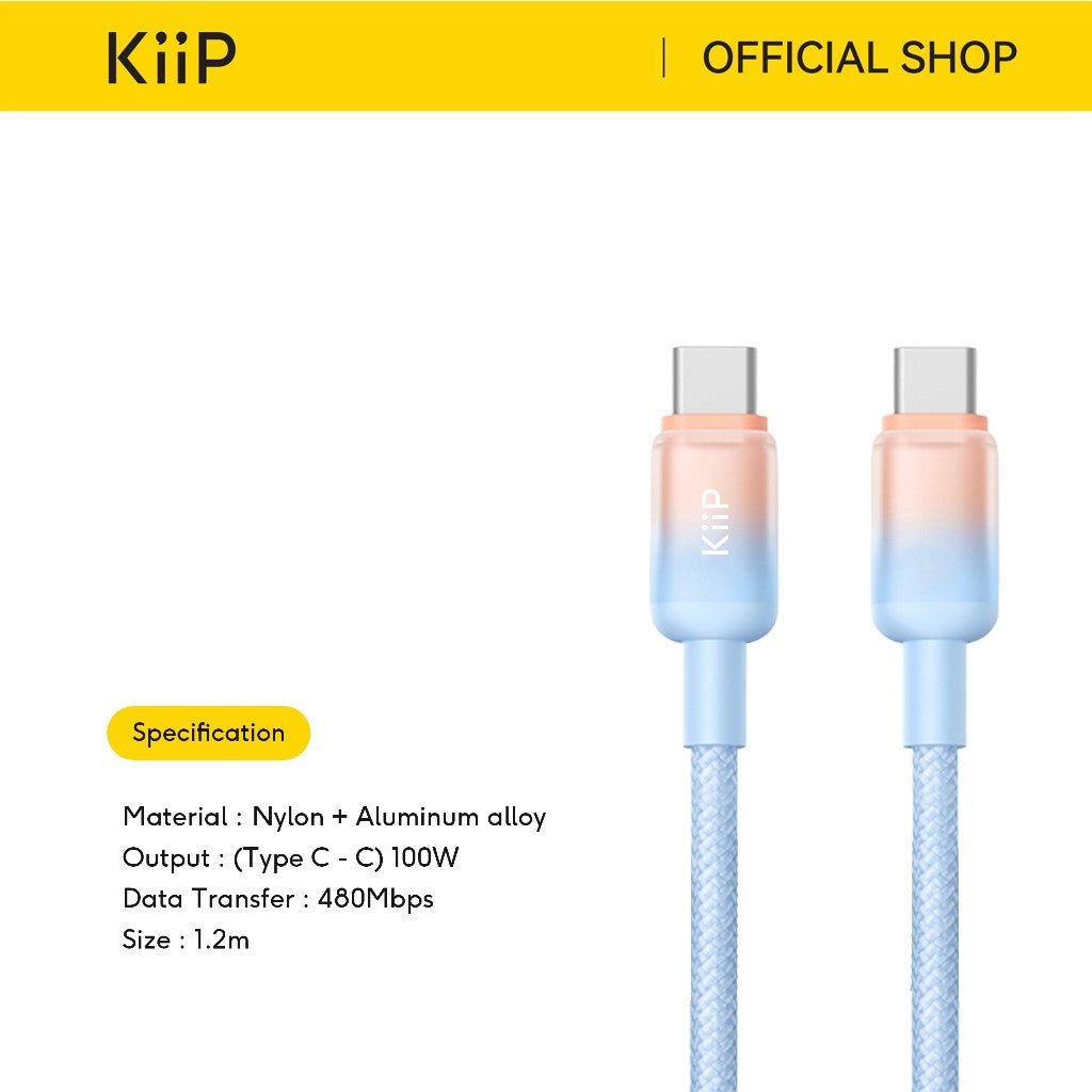 KiiP Kabel Charger Fast Charging C To C/C To Lightning Up To 100W PD 27W Kabel Data Type C Lightning Gradient Series 1.2M