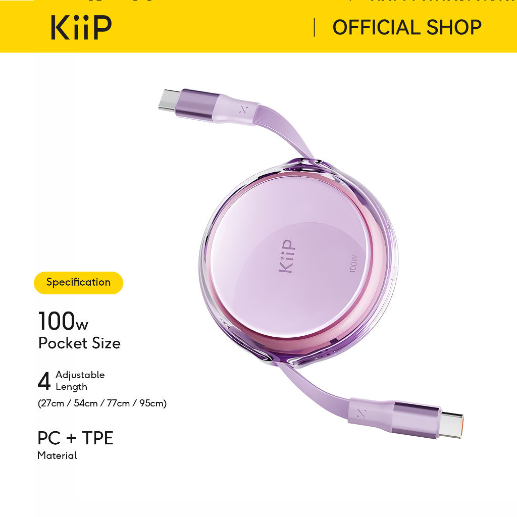 KiiP RCTC Kabel Data 100W Super Fast Charging Cable Type-C To Type-C Retractable