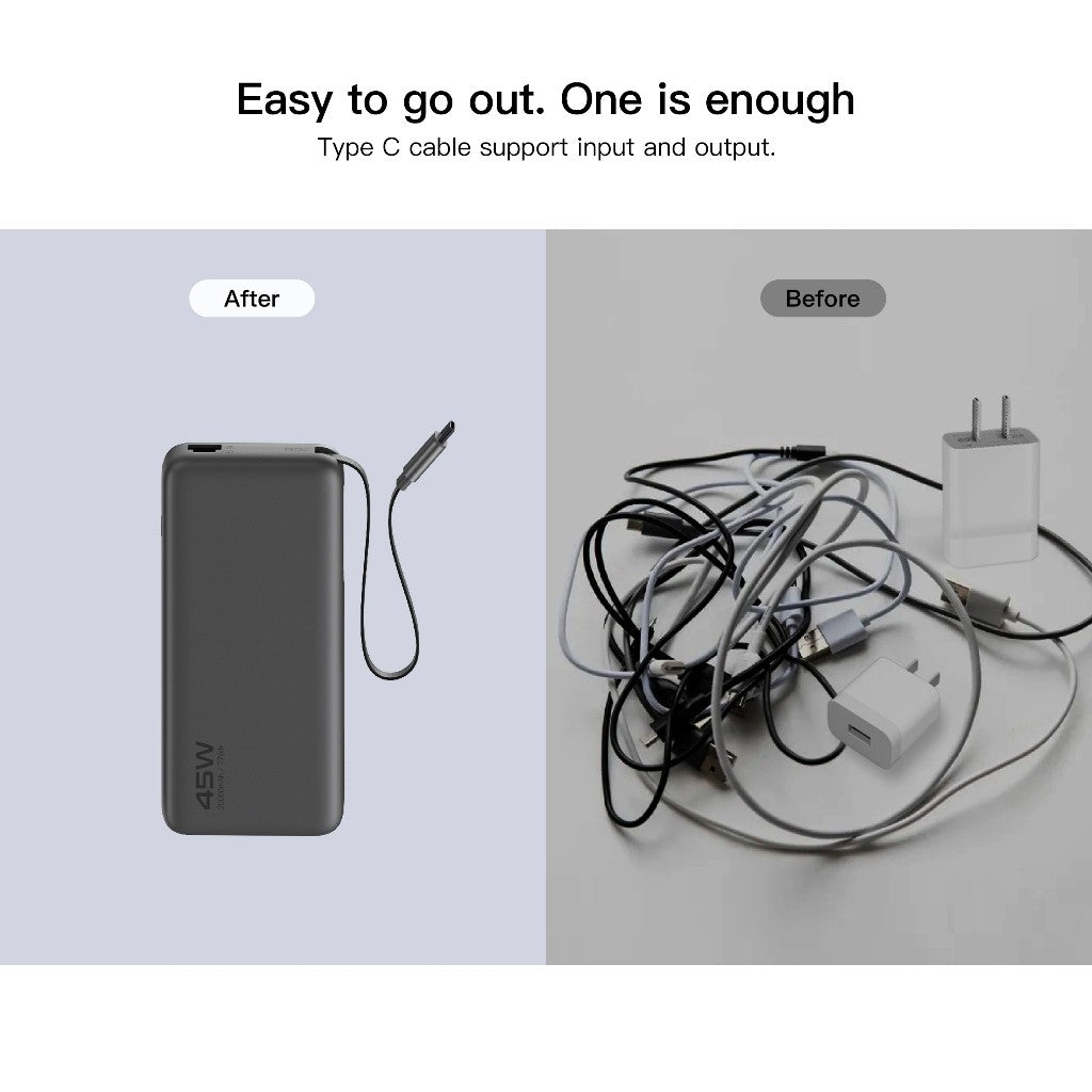 KiiP E66 PowerBank Retractable Cable 20000mAh PD QC PPS Fast Charging 45W