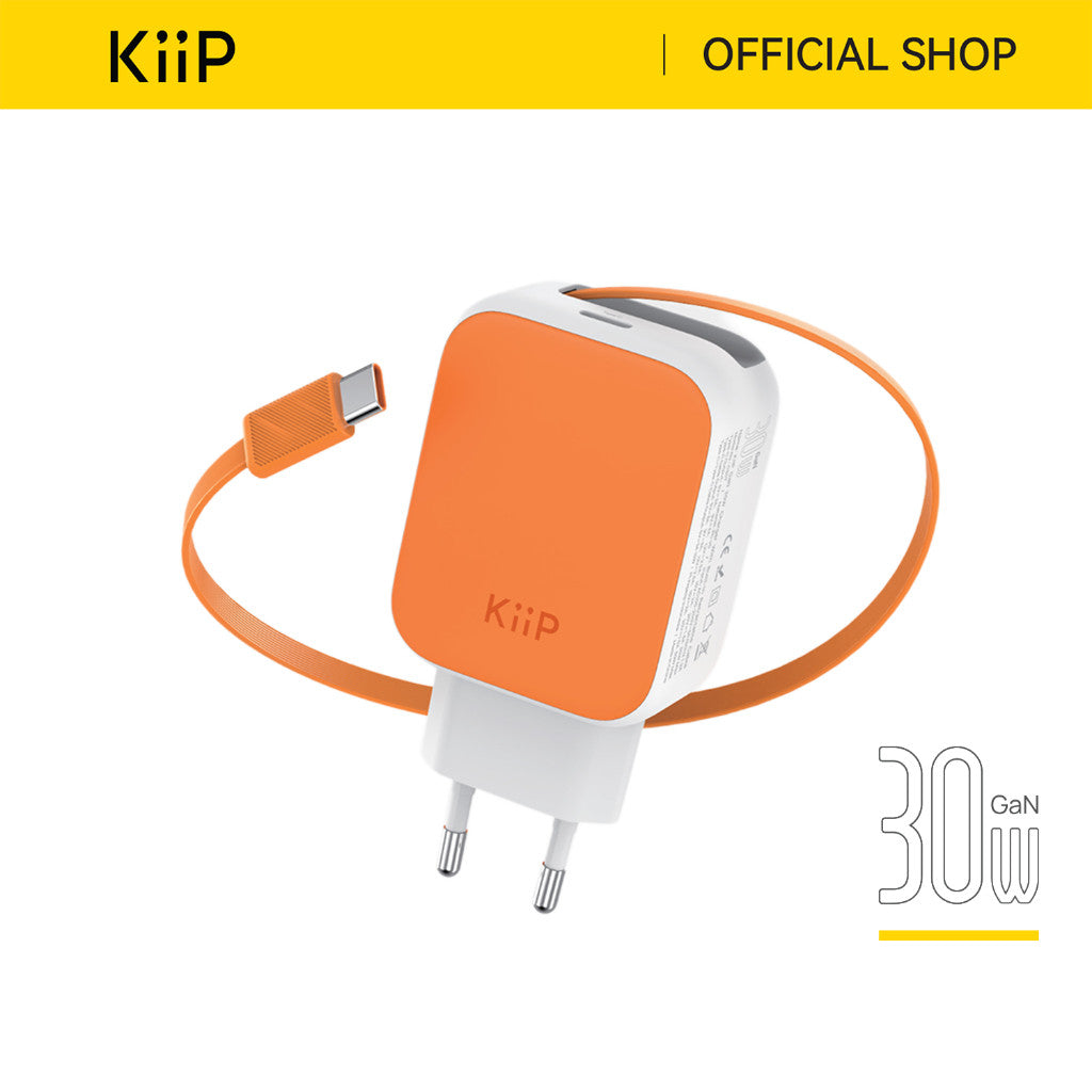 KiiP C30T Kepala Charger GaN PD Fast Charging 30W Retractable Built In Cable Type C
