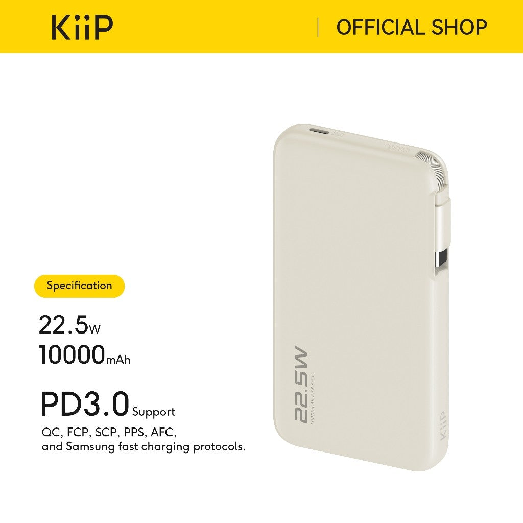 KiiP E60 Powerbank Retractable Cable 22.5W 10000mah Fast Charging Power Bank Type-C