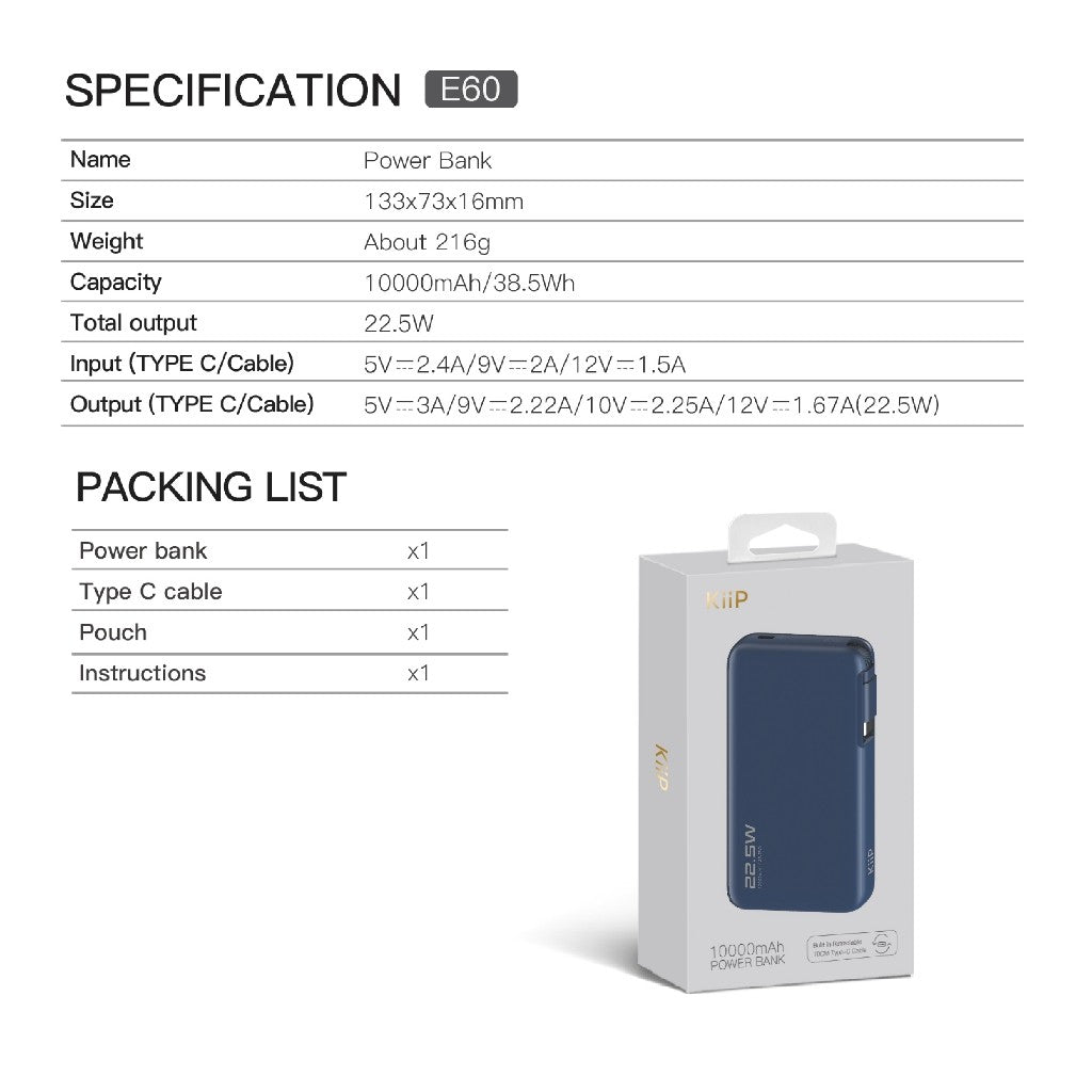 KiiP E60 Powerbank Retractable Cable 22.5W 10000mah Fast Charging Power Bank Type-C