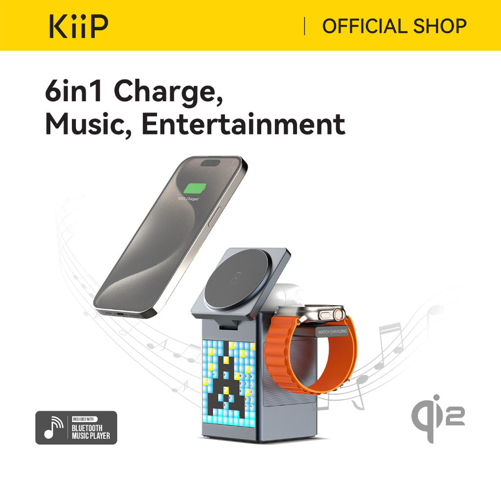 KiiP Wireless T3 6in1 Wireless Charging Station Fast Charging 15W Qi2 LED Speaker Portable