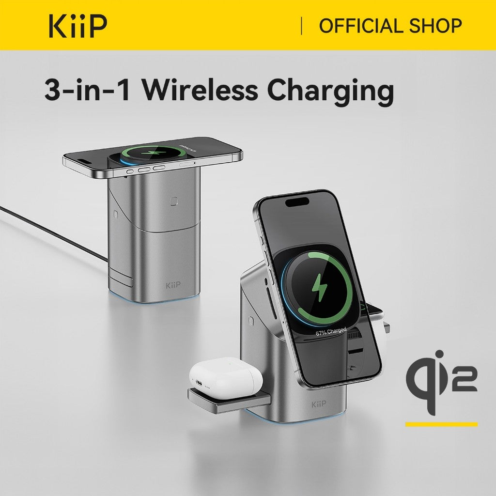 Kiip T2 Pro Qi2 3in1 Magnetic Wireless Charging Station Fast Charging 15w