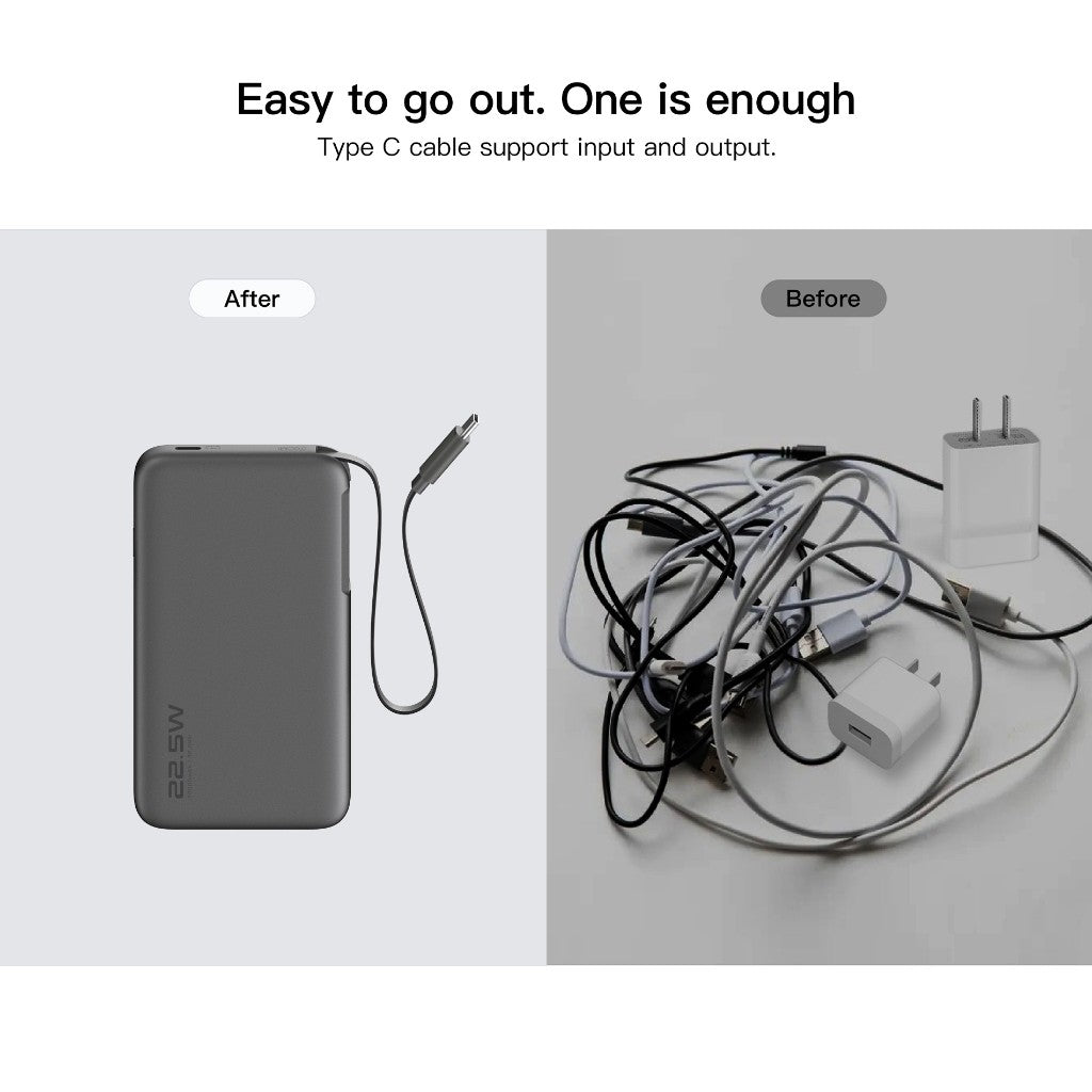 KiiP E60 Powerbank Retractable Cable 22.5W 10000mah Fast Charging Power Bank Type-C