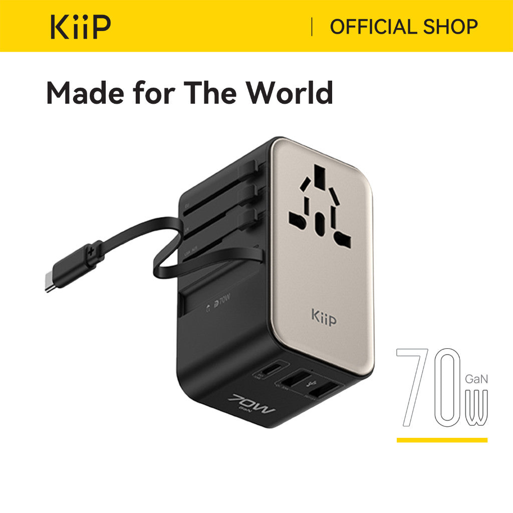 KiiP Travel Adaptor GaN 70W Adapter Charger Universal PD 3.0 QC 3.0 Fast Charging