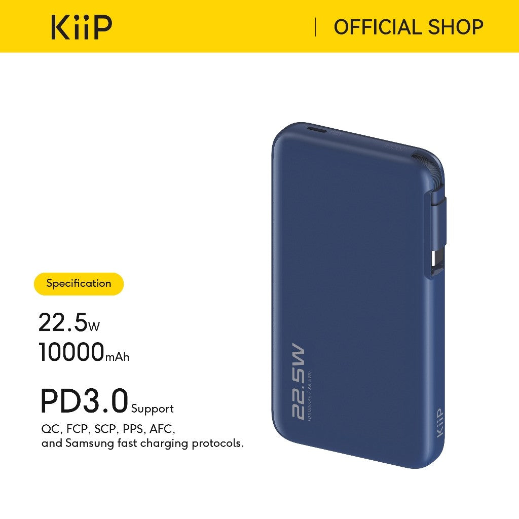 KiiP E60 Powerbank Retractable Cable 22.5W 10000mah Fast Charging Power Bank Type-C
