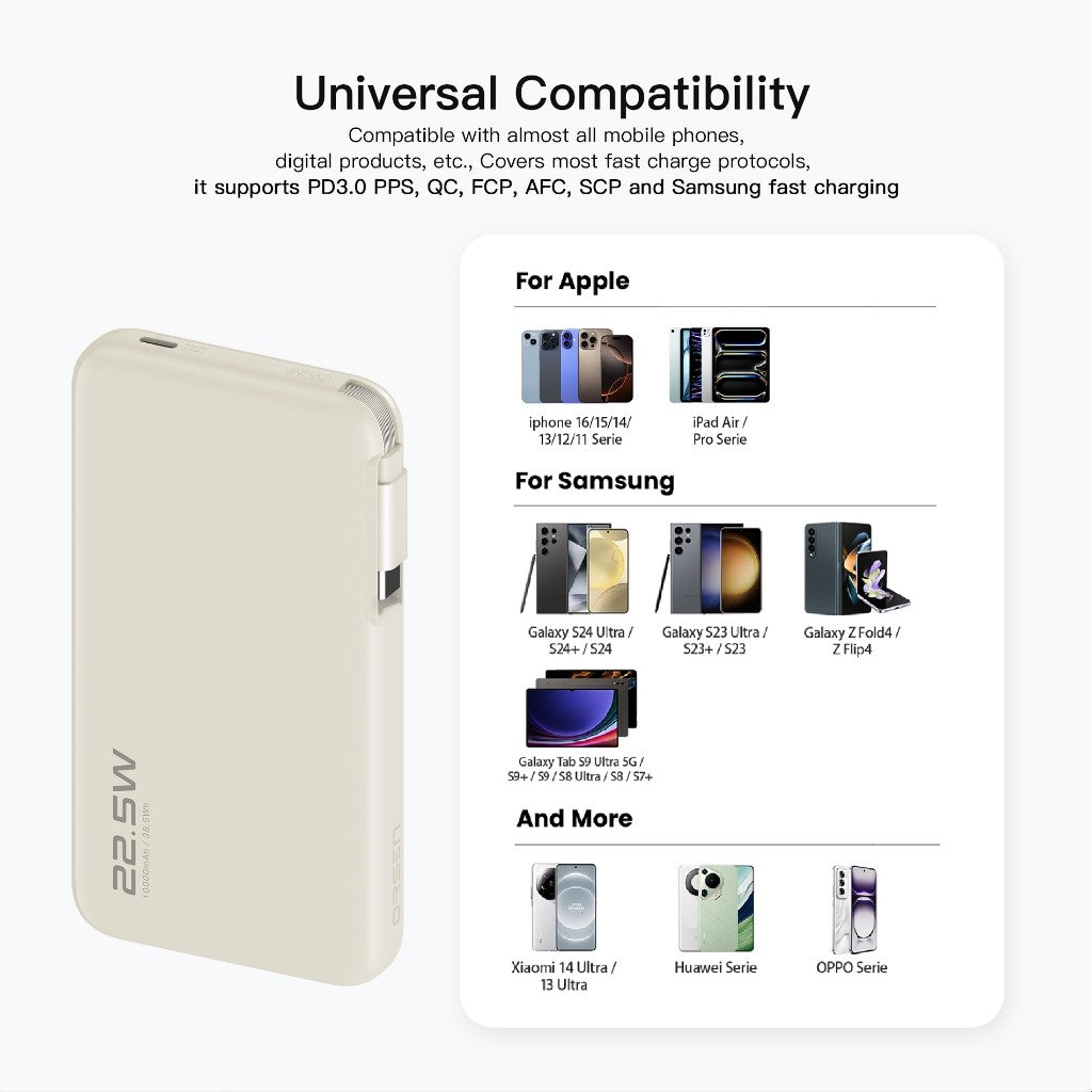 KiiP E60 Powerbank Retractable Cable 22.5W 10000mah Fast Charging Power Bank Type-C