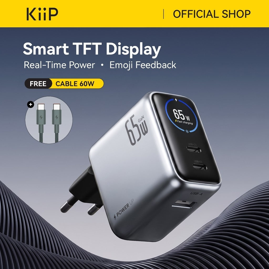 KiiP T65L AuraMax Series GaN Charger 65W Wall Adaptor Travel Kepala Charger Smart Charger With Color Display