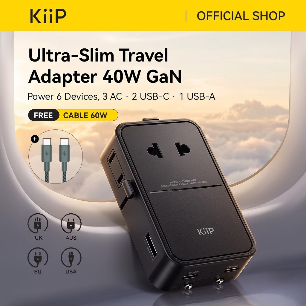 KiiP C40T Slim Universal Travel Charger Adapter 40W GaN Charge up To 6 Devices
