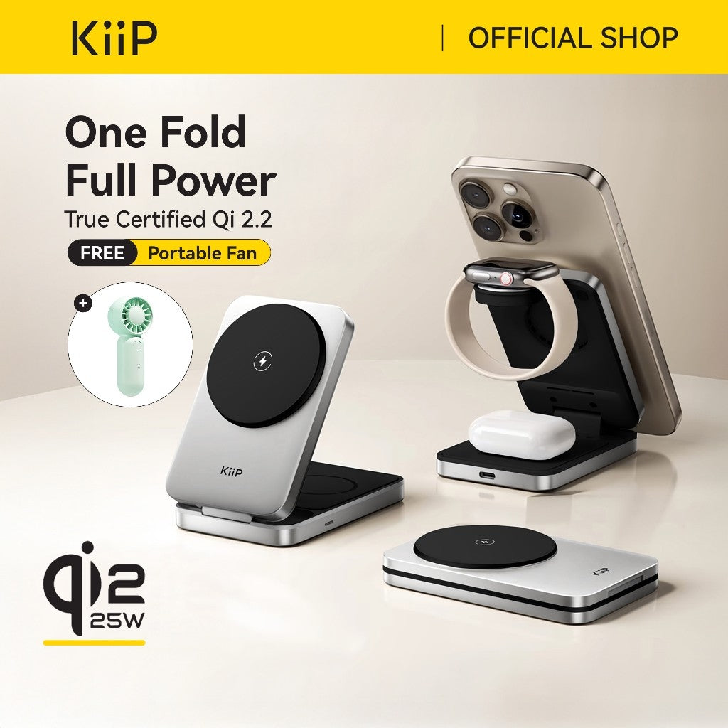 KiiP PWC02 3in1 Magnetic Wireless Charging 25W Foldable Portable Wireless Charger Magsafe Qi2.2 Travel Charger