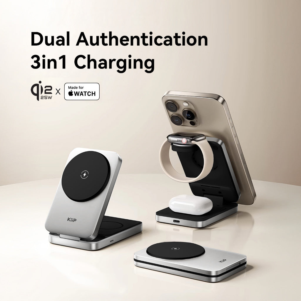 KiiP PWC02 3in1 Magnetic Wireless Charging 25W Foldable Portable Wireless Charger Magsafe Qi2.2 Travel Charger