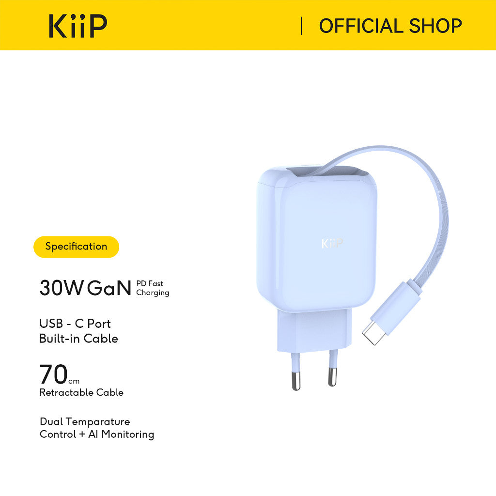 KiiP IB30 Ice Bright GaN Charger Adaptor Retractable PD 30W Fast Charging