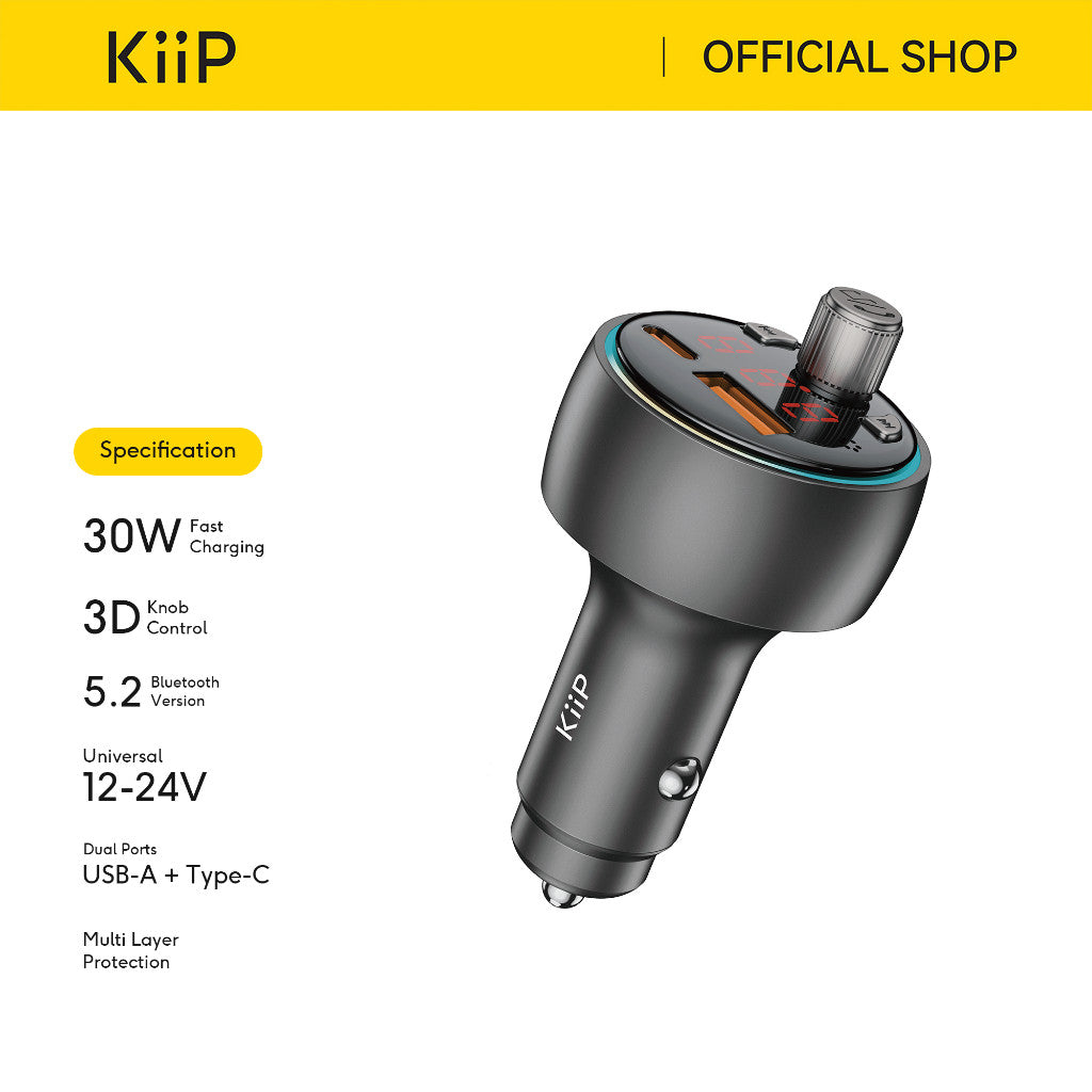 KiiP Car Charger PD 30W Fast Charging USB A + Type C FM Transmitter