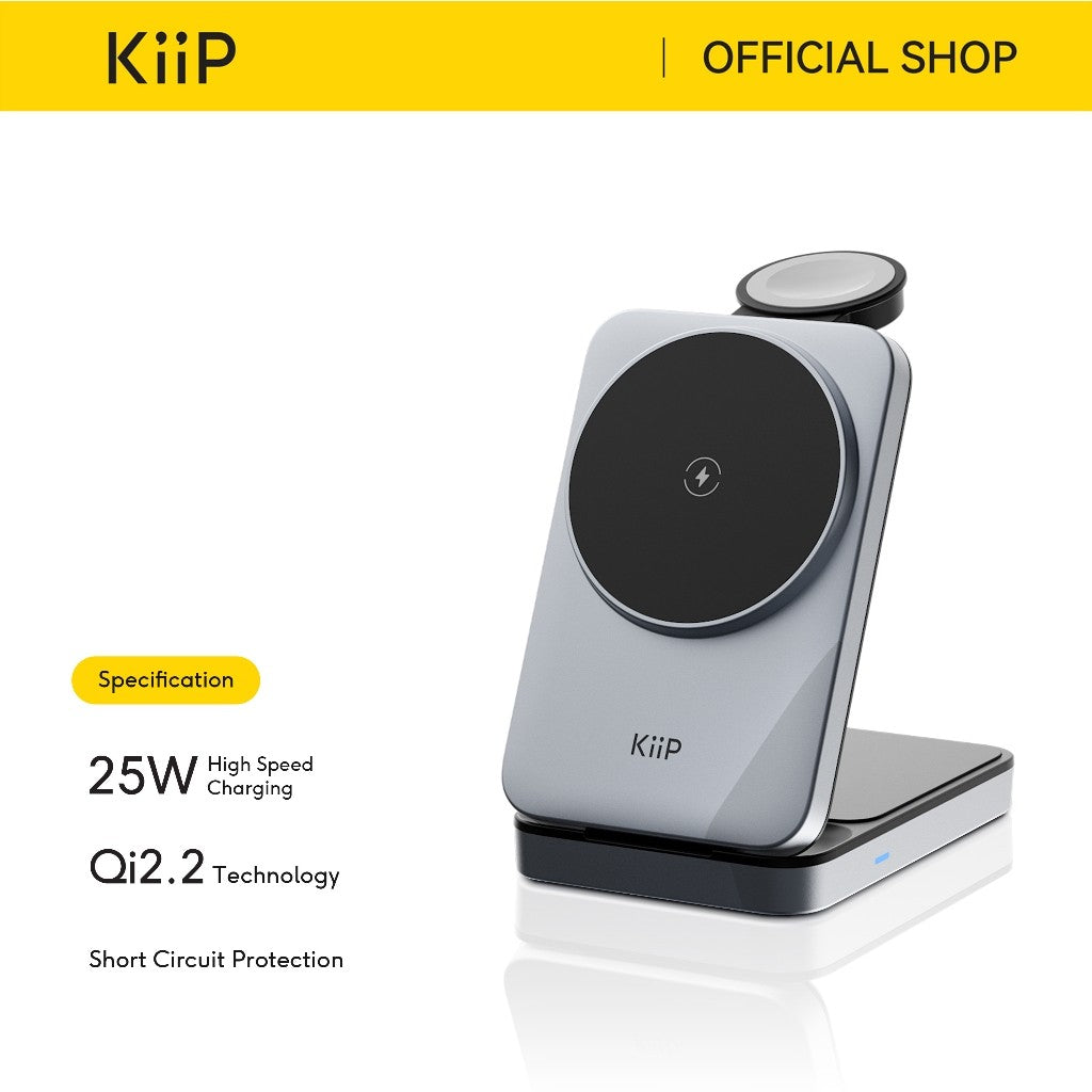 KiiP PWC02 3in1 Magnetic Wireless Charging 25W Foldable Portable Wireless Charger Magsafe Qi2.2 Travel Charger