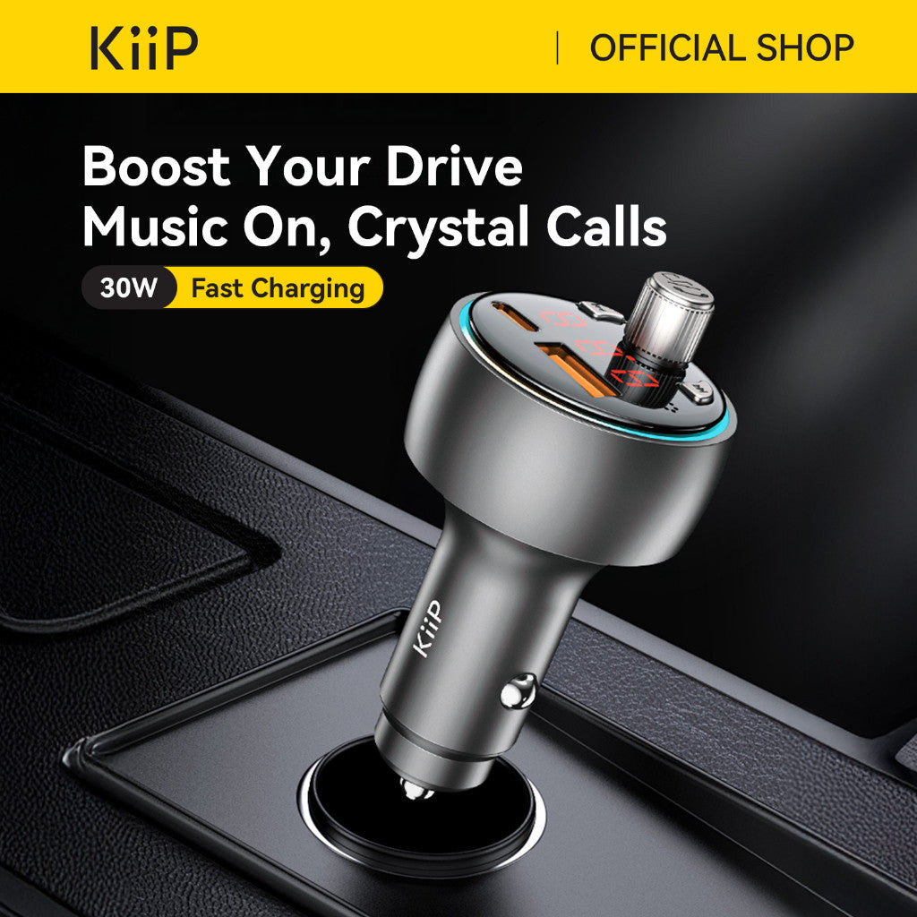 KiiP Car Charger PD 30W Fast Charging USB A + Type C FM Transmitter