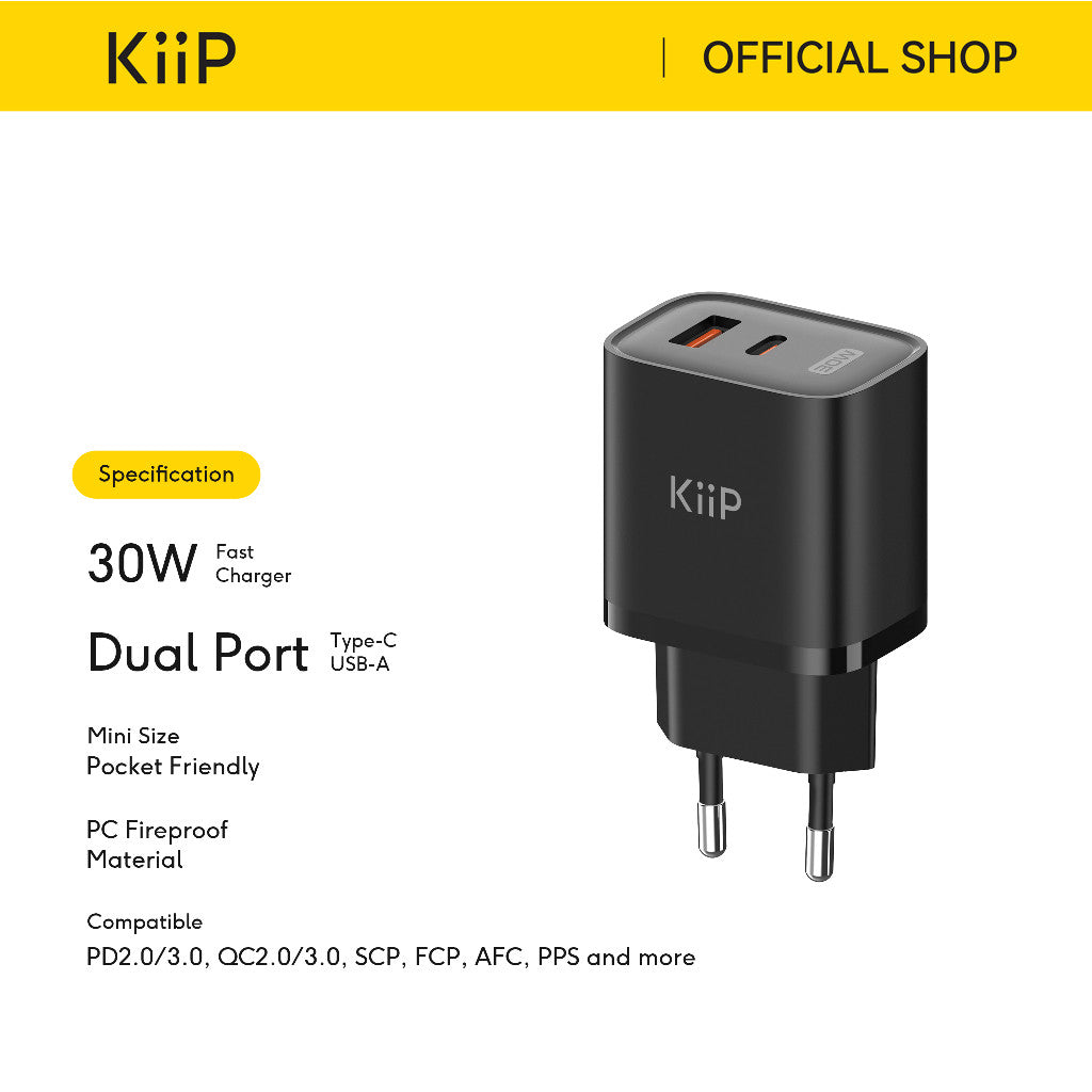 KiiP C30E Wall Charger Adaptor GaN 30W Fast Charging Kepala Charger Mini Travel Adaptor