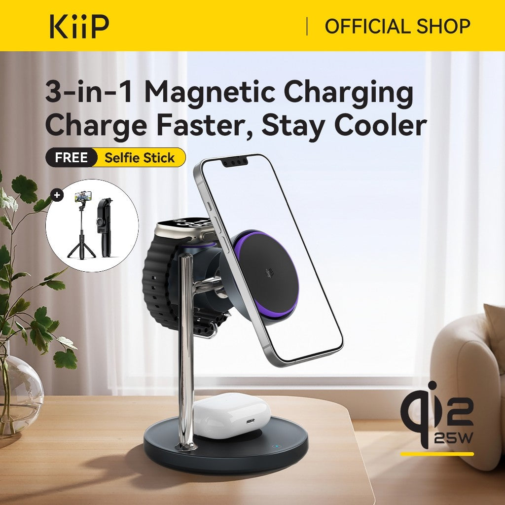 KiiP W10 Qi2.2 3in1 Magnetic Wireless Charging Stand Fast Charging 25W Smart Touch Control Built-in Cooling Fan