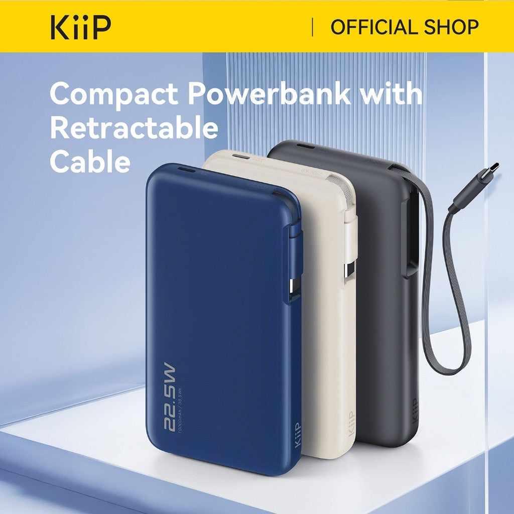 KiiP E60 Powerbank Retractable Cable 22.5W 10000mah Fast Charging Power Bank Type-C