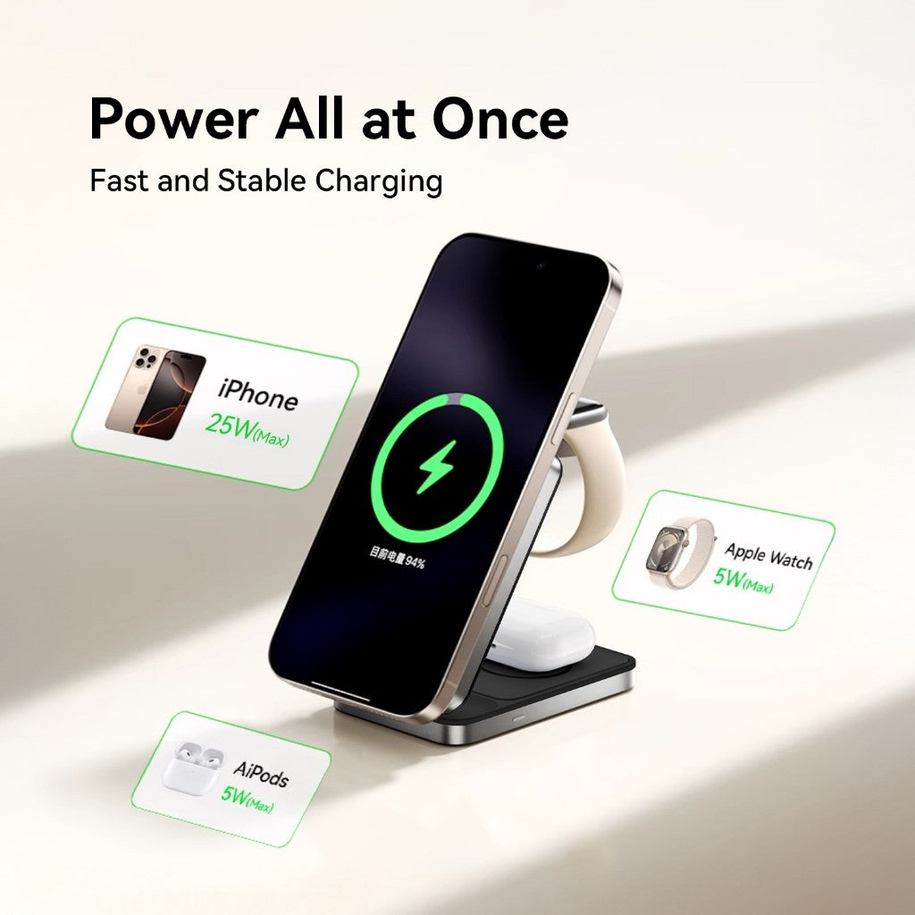 KiiP PWC02 3in1 Magnetic Wireless Charging 25W Foldable Portable Wireless Charger Magsafe Qi2.2 Travel Charger