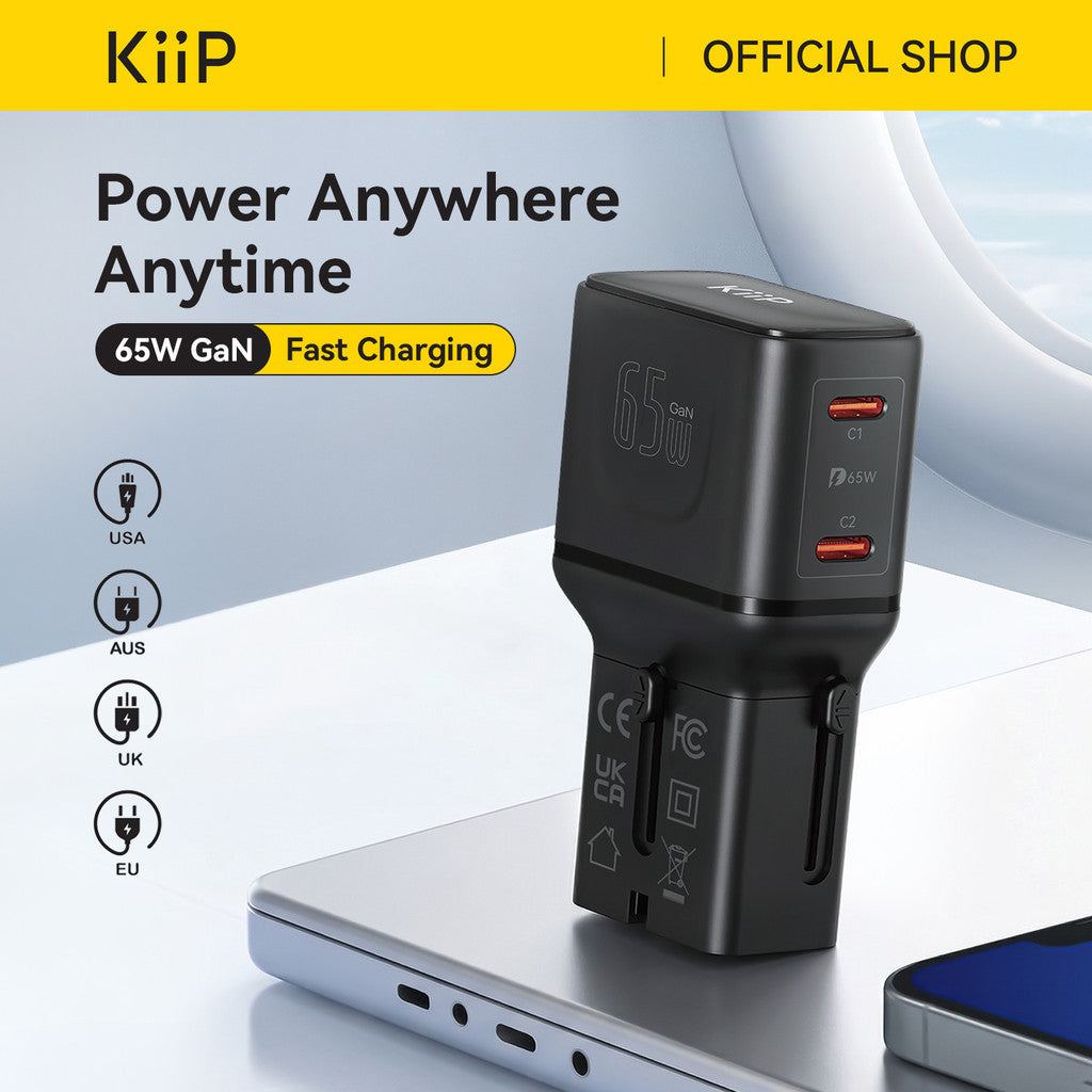 KiiP G65T Universal Travel Adaptor Charger Mini Fast Charging 65w GaN Portable Travel - KiiP