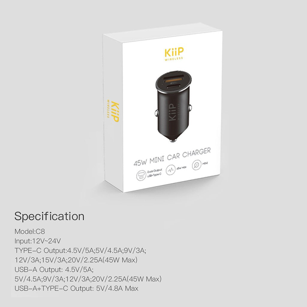 KiiP C8 Car Charger Mobil 45W Type-C+USB Fast Charging