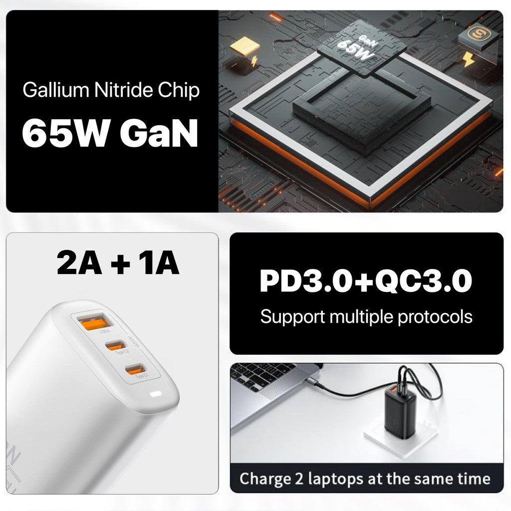 KiiP GaN Travel Charger 65W USB A+2 Type-C GaN fast charger US+EU+UK plug