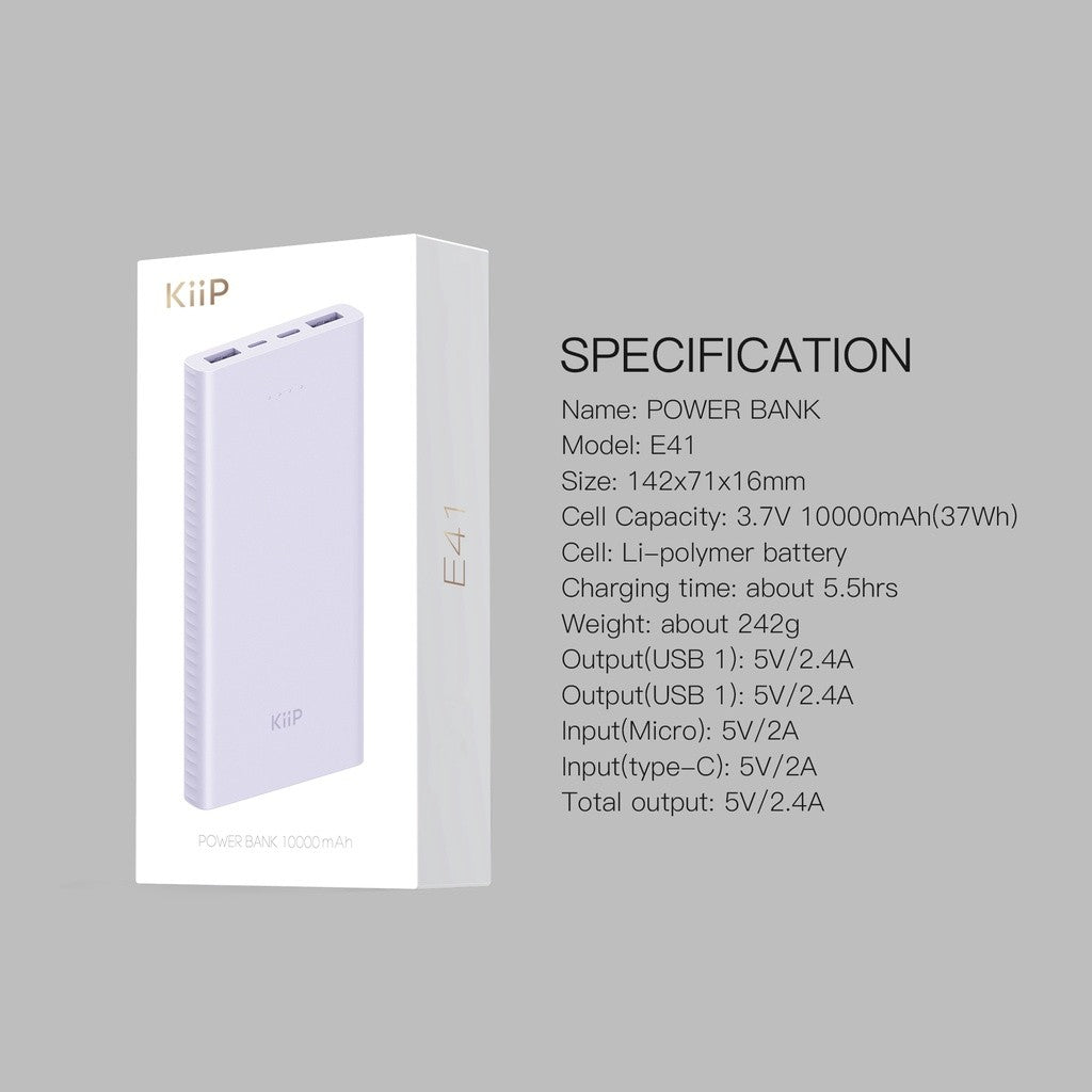 KiiP E41 Power Bank Slim 10000mAh Dual Input Type-C Micro USB Port