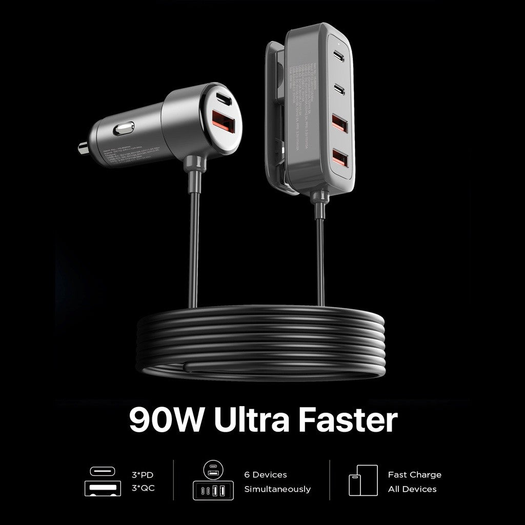 KiiP HUB90W Car Charger Mobil 90W Ultra Fast Charging 6 Ports Type-C USB Adapter PD QC