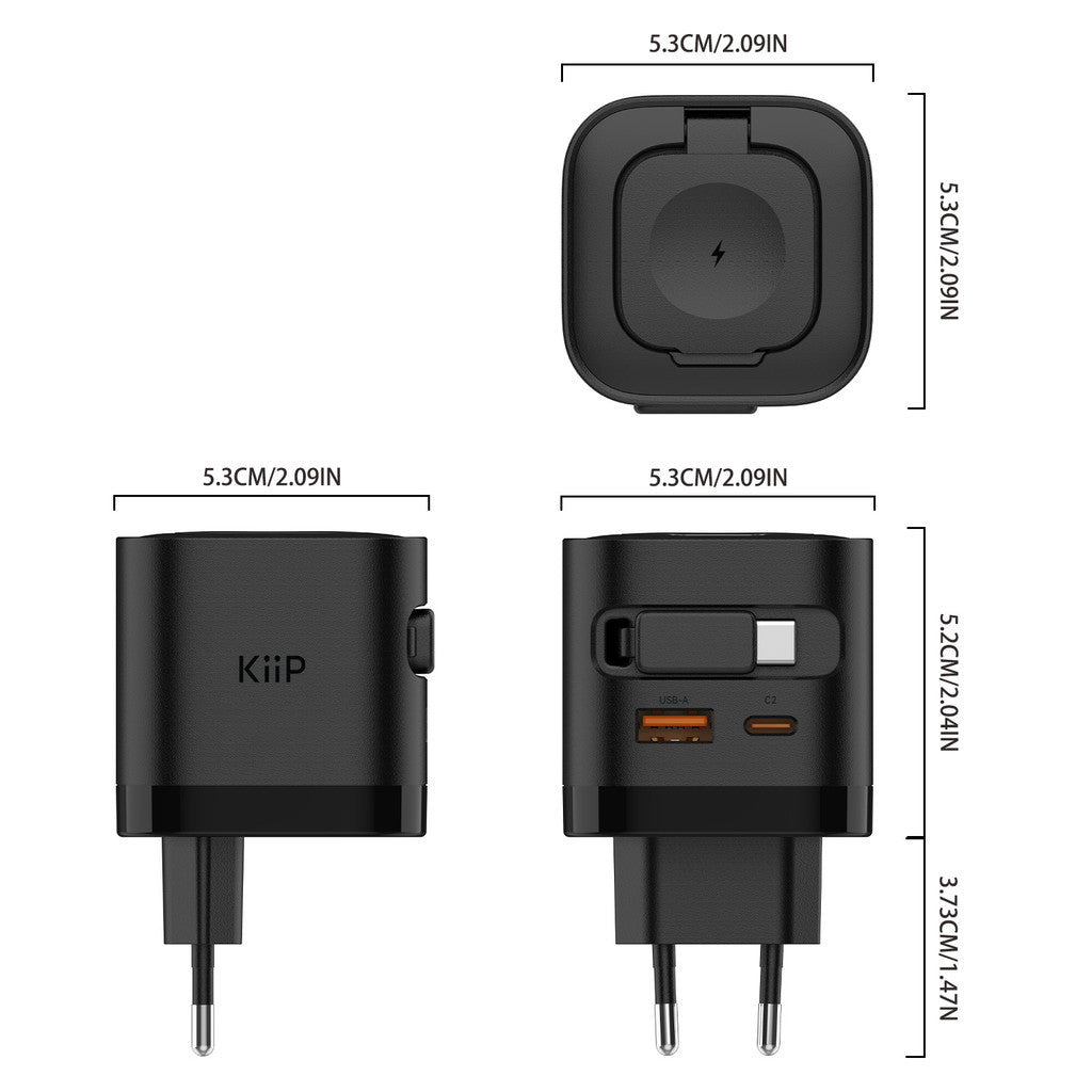 KiiP WH30 3in1 Adapter Fast Charger GaN 35W Retractable Cable Built in Magnetic Wireless Apple Watch