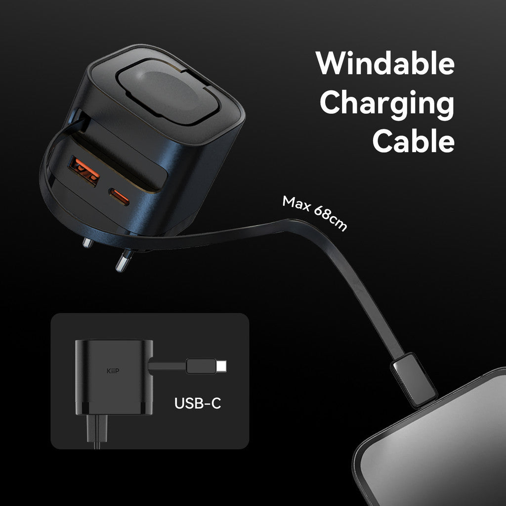 KiiP WH30 3in1 Adapter Fast Charger GaN 35W Retractable Cable Built in Magnetic Wireless Apple Watch