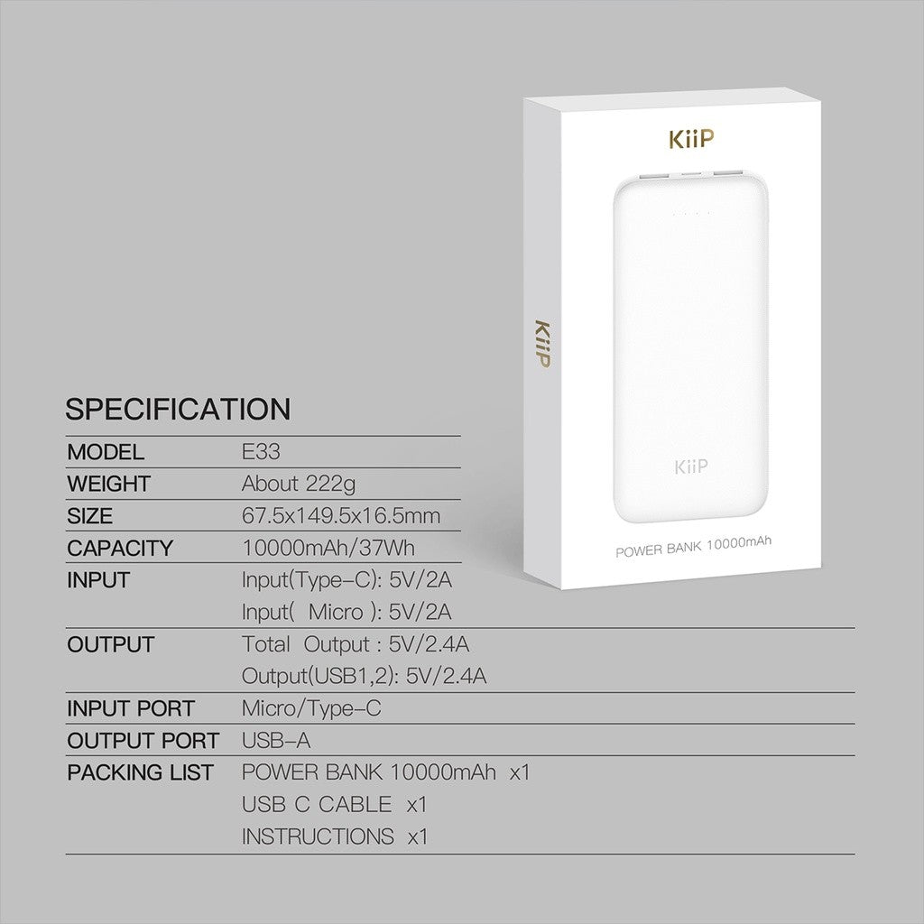 KiiP E33 Power Bank Slim 10000mAh Dual Input Type-C Micro USB Port