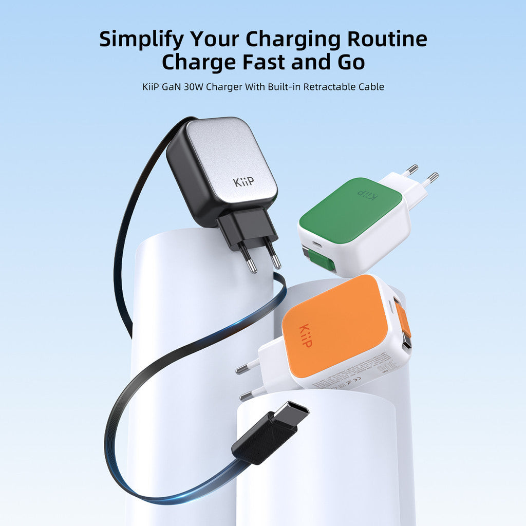 KiiP C30T Kepala Charger GaN PD Fast Charging 30W Retractable Built In Cable Type C