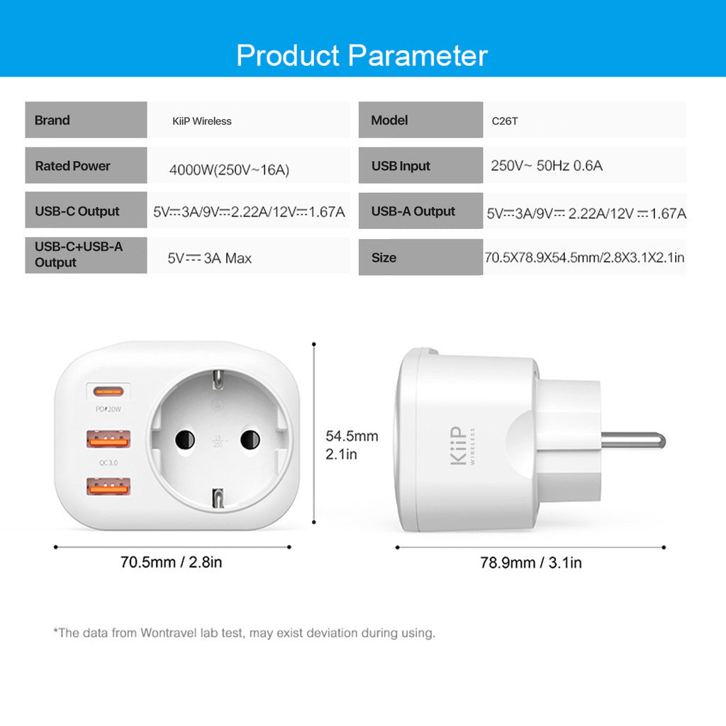 KiiP C26T Travel Adaptor 20W Fast Charging Dual USB (18W)/Type-C (25W)