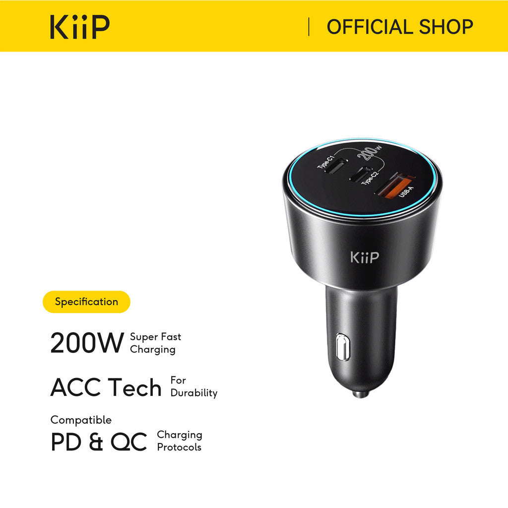 KiiP ACC18 Car Charger Mobil 200W 3 Power Ports QC 4.0 Quick Charge 3.0 Fast Charging