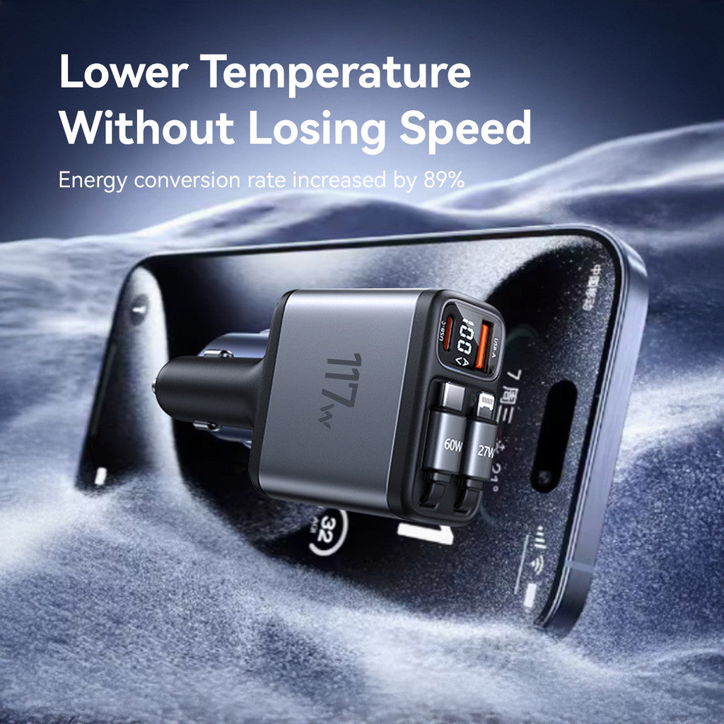 KiiP SC18 Car Charger 4 in 1 Super Fast Charging PD 117W Charger Mobil Built-in Rectractable Cable Type-C+Lightning