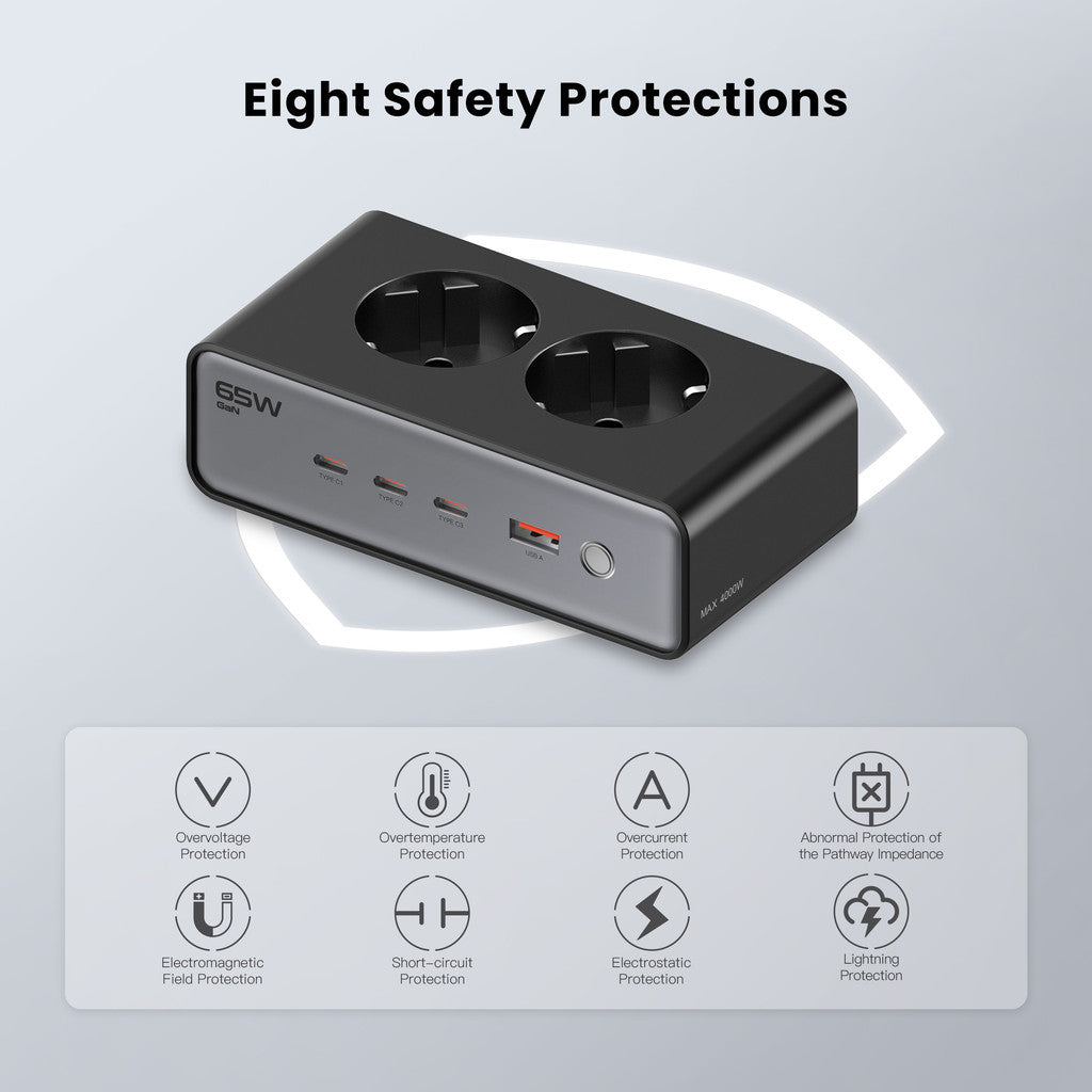 KiiP C20E Desktop Charger Fast Charging 65W Adaptor 6in1 USB Type-C Power Station