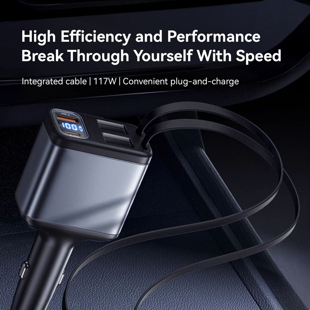 KiiP SC18 Car Charger 4 in 1 Super Fast Charging PD 117W Charger Mobil Built-in Rectractable Cable Type-C+Lightning