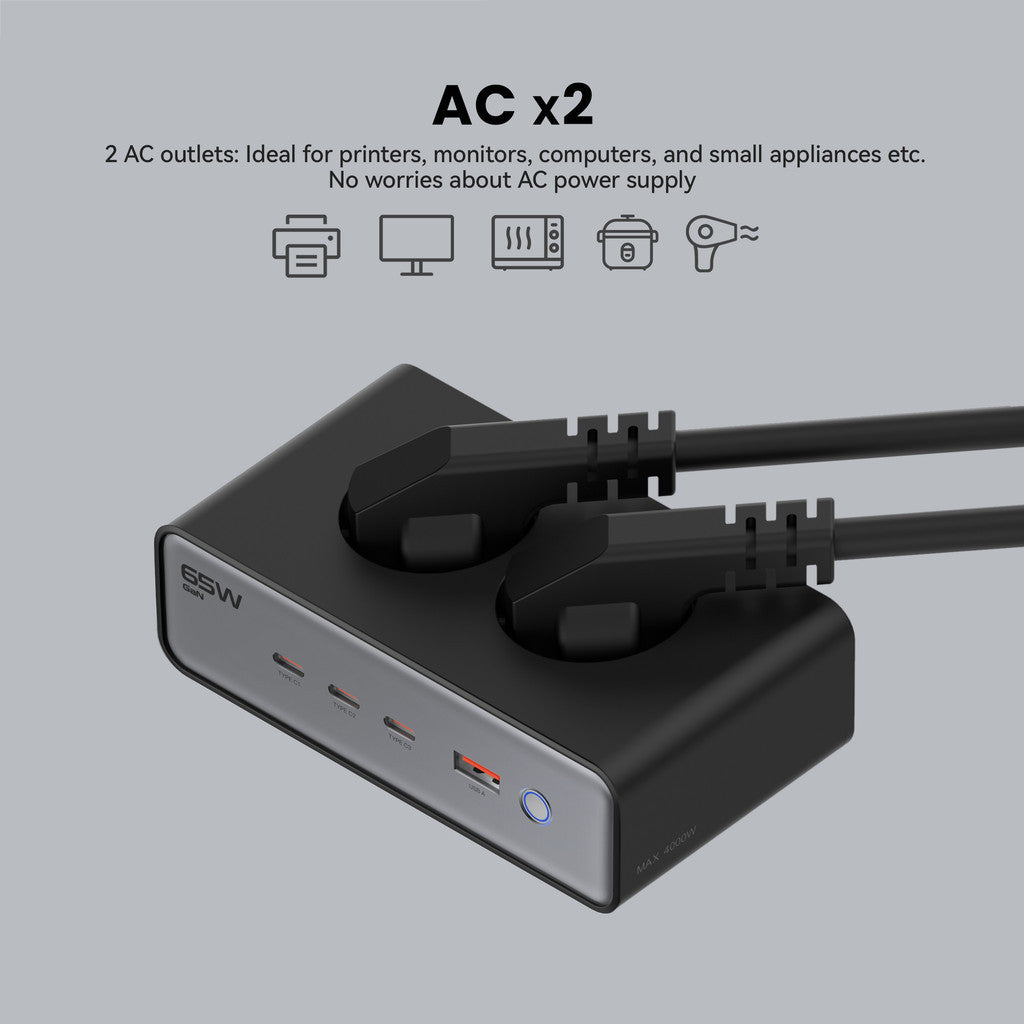 KiiP C20E Desktop Charger Fast Charging 65W Adaptor 6in1 USB Type-C Power Station