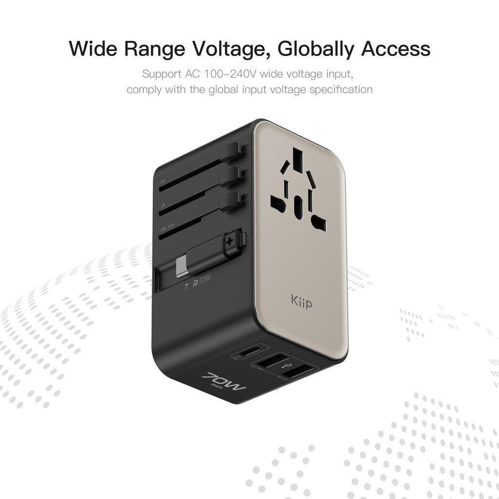 KiiP Travel Adaptor GaN 70W Adapter Charger Universal PD 3.0 QC 3.0 Fast Charging