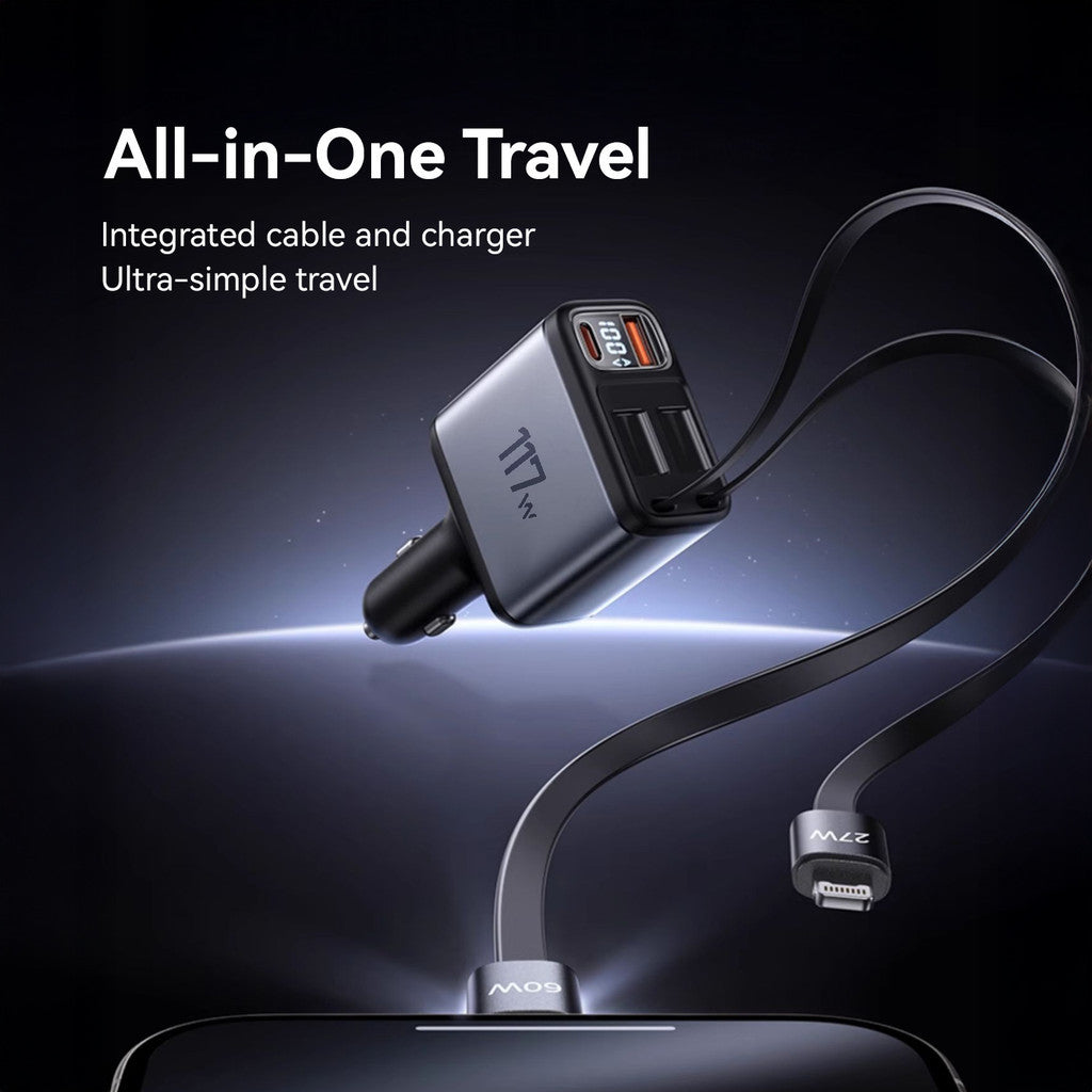 KiiP SC18 Car Charger 4 in 1 Super Fast Charging PD 117W Charger Mobil Built-in Rectractable Cable Type-C+Lightning