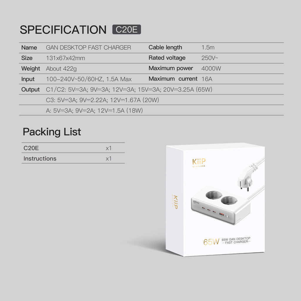KiiP C20E Desktop Charger Fast Charging 65W Adaptor 6in1 USB Type-C Power Station