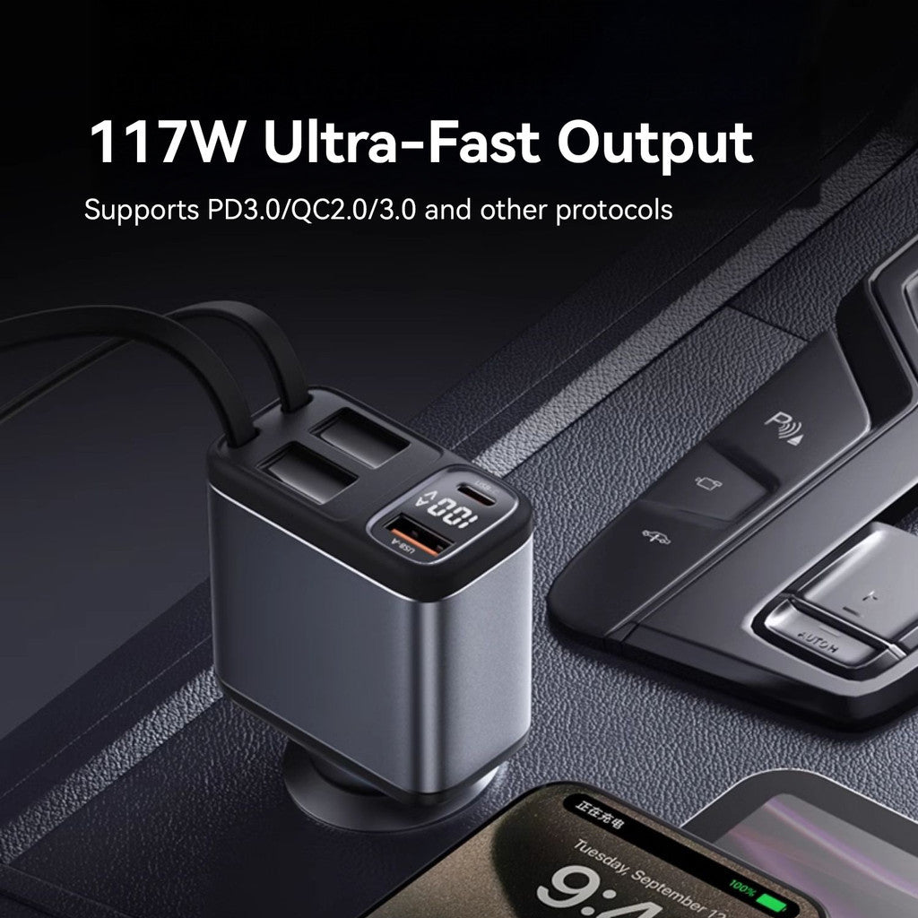KiiP SC18 Car Charger 4 in 1 Super Fast Charging PD 117W Charger Mobil Built-in Rectractable Cable Type-C+Lightning