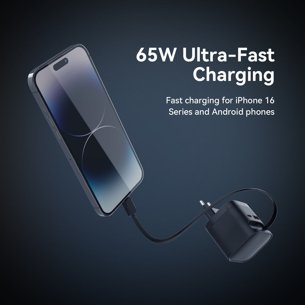KiiP WH31 Adapter Charger 3in1 Fast Charging GaN 65W Retractable Cable