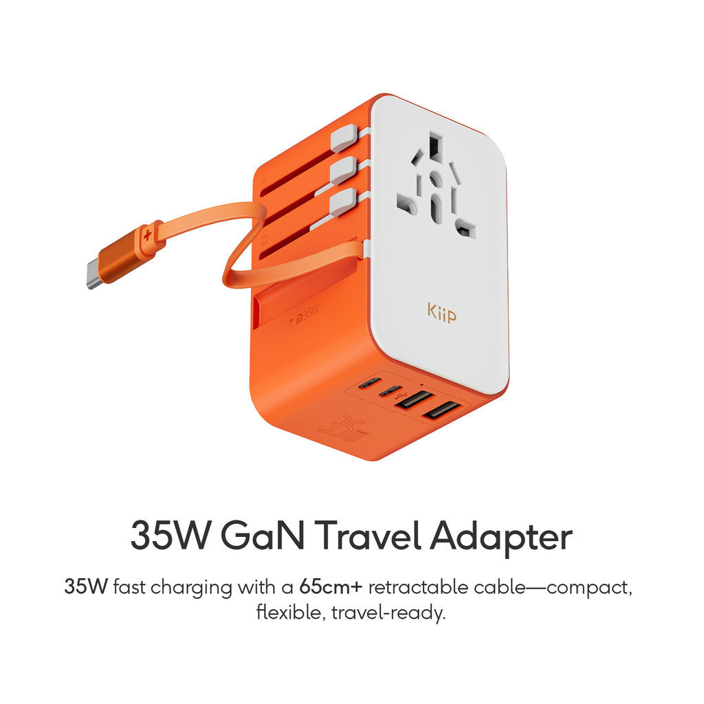 KiiP C28T Travel Adaptor Universal GaN 35W Adapter Charger Built in Cable